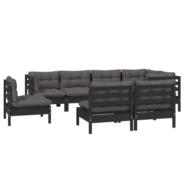 vidaXL 8 pcs conjunto lounge jardim c/ almofad&otilde;es pinho maci&ccedil;o preto