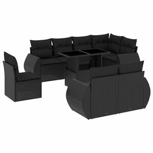 vidaXL 9 pcs conjunto de sof&aacute;s p/ jardim c/ almofad&otilde;es vime PE preto