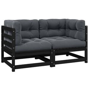 vidaXL Sof&aacute; de jardim 2 lugares com almofad&otilde;es pinho maci&ccedil;o preto