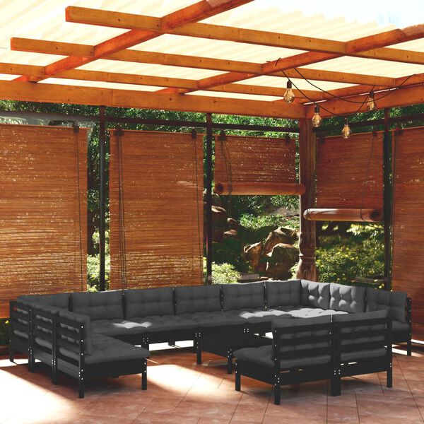 vidaXL 13 pcs conjunto lounge jardim c/ almofad&otilde;es pinho maci&ccedil;o preto
