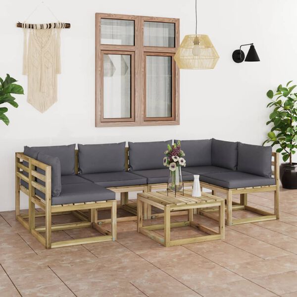 vidaXL Conj. lounge de jardim 7 pcs com almofad&otilde;es pinho impregnado