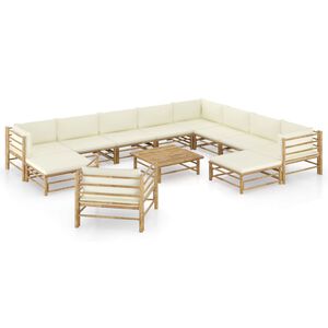 vidaXL 12 pcs conj. lounge jardim em bambu c/ almofadões branco nata