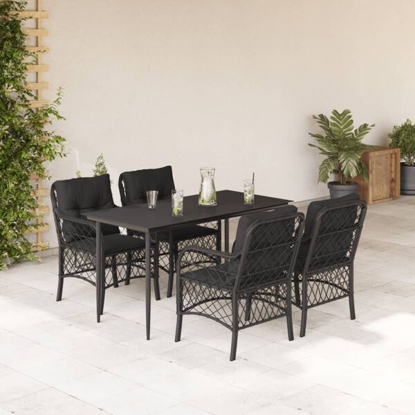 vidaXL 5 pcs conjunto de jantar p/ jardim c/ almofad&otilde;es vime PE preto