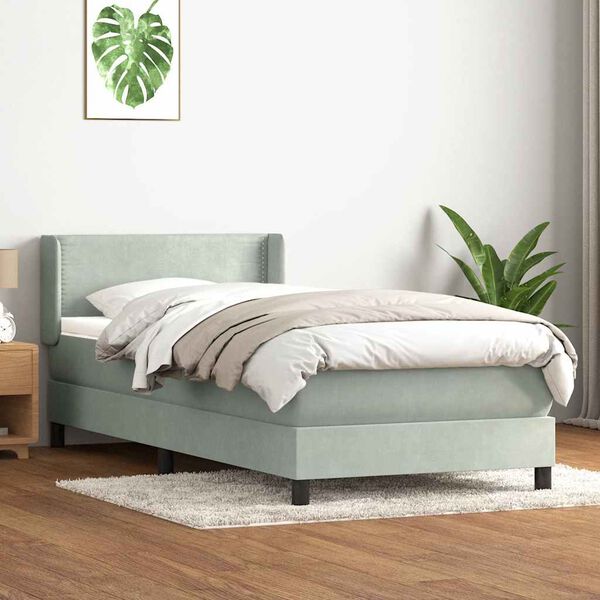 vidaXL Cama com molas/colch&atilde;o cinzento-claro 90x220 cm veludo
