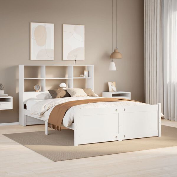 vidaXL Cama com estante sem colch&atilde;o 140x190 cm pinho maci&ccedil;o branco