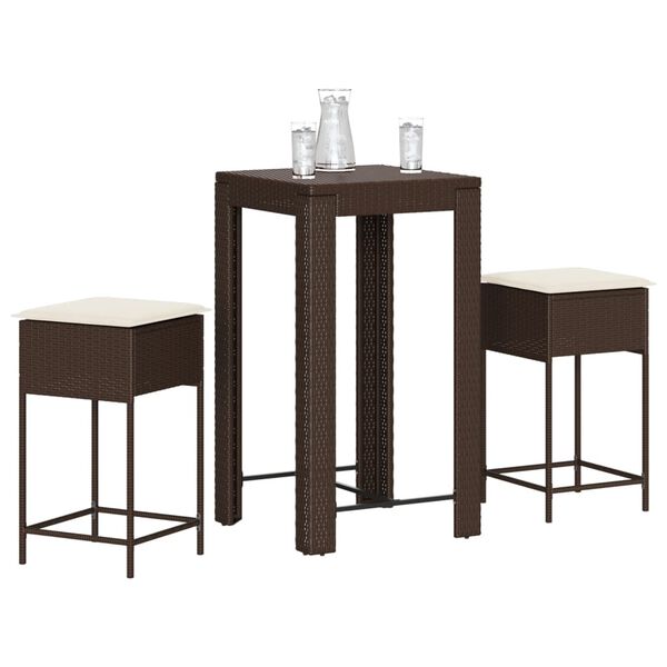 vidaXL 3 pcs conjunto de bar p/ jardim com almofad&otilde;es vime PE castanho