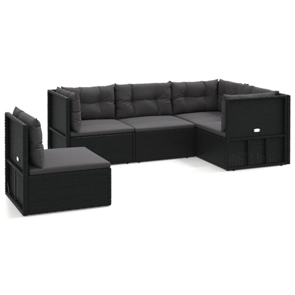 vidaXL 5 pcs conjunto lounge de jardim c/ almofad&otilde;es vime PE preto