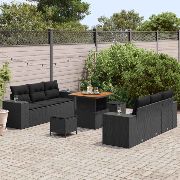 vidaXL Conjunto de Sof&aacute; de Jardim 9 pcs Preto Rattan Sint&eacute;tico
