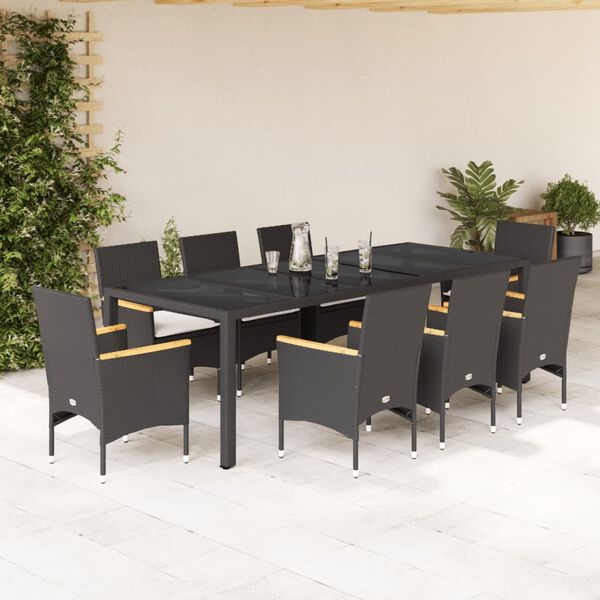 vidaXL 9 pcs conjunto jantar jardim c/ almofad&otilde;es vime PE/vidro preto