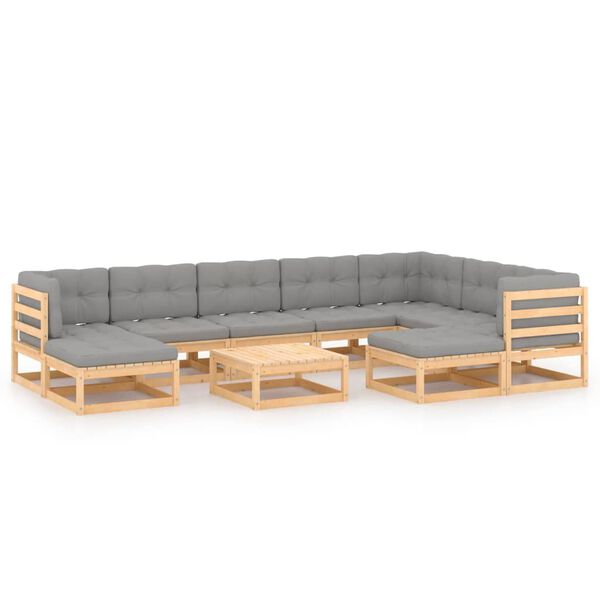 vidaXL 10 pcs conjunto lounge de jardim c/ almofad&otilde;es pinho maci&ccedil;o