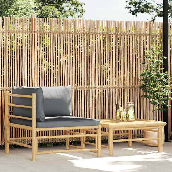 vidaXL 2 pcs conj. lounge jardim em bambu c/ almofadões cinza-escuro
