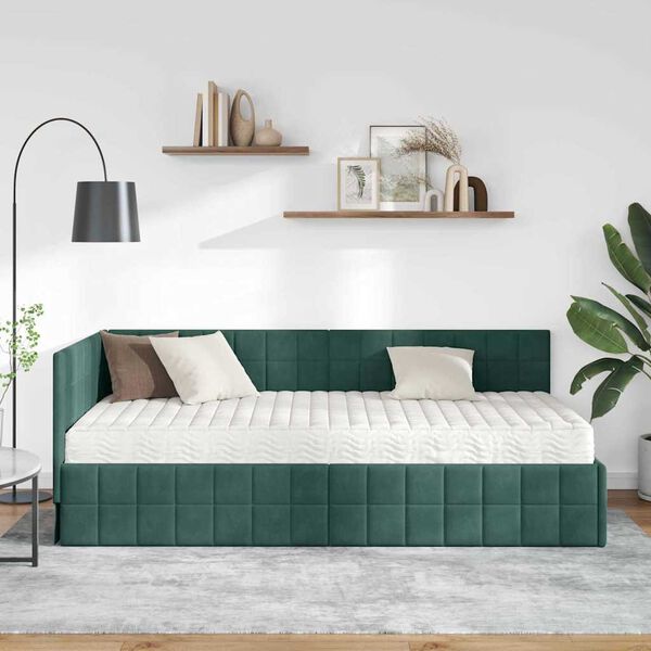 vidaXL Estrutura de Cama de Canto com Colch&atilde;o 2 pcs Verde Veludo