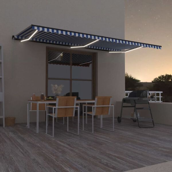 vidaXL Toldo retr&aacute;til manual com LED 600x300 cm azul e branco