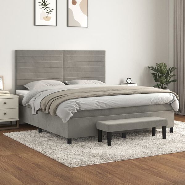 vidaXL Cama com molas/colch&atilde;o 160x200 cm veludo cinzento-claro