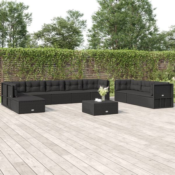 vidaXL 10 pcs conjunto lounge de jardim c/ almofad&otilde;es vime PE preto