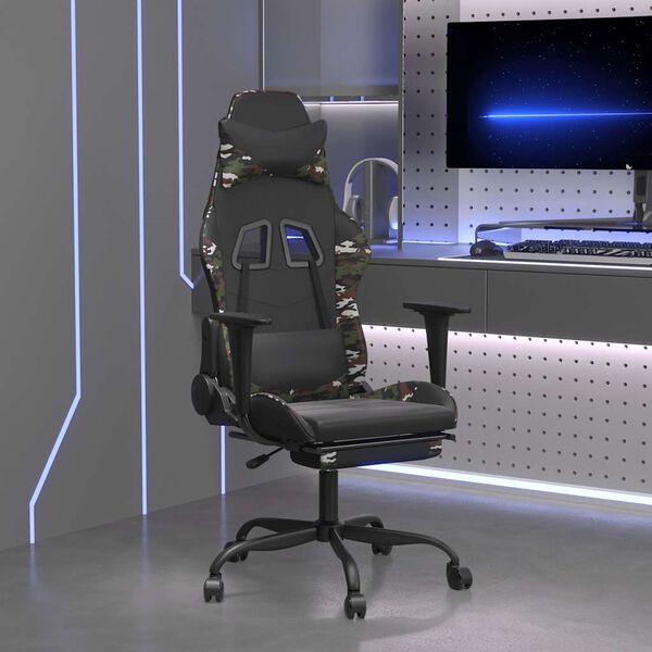 vidaXL Cadeira gaming massagens apoio pés couro artif preto/camuflagem