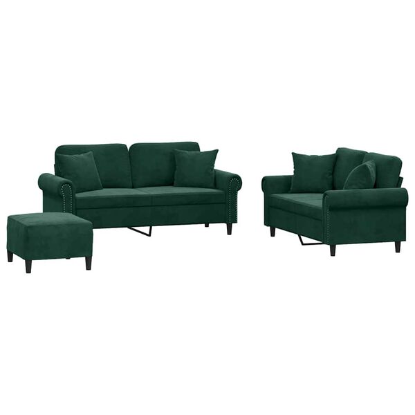 vidaXL 3 pcs conjunto de sof&aacute;s com almofadas veludo verde-escuro