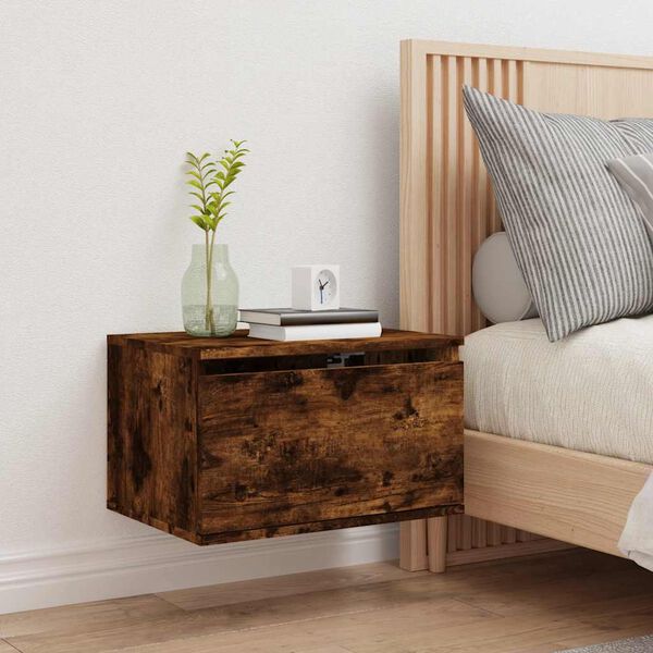 vidaXL Mesa de cabeceira de parede com luzes LED carvalho fumado