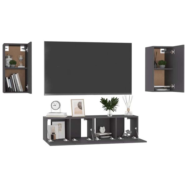vidaXL 4 pcs conjunto de m&oacute;veis de TV contraplacado cinzento