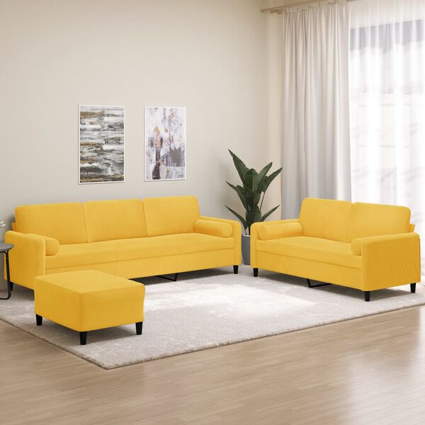 vidaXL 3 pcs conjunto sof&aacute;s c/ almofadas/almofad&otilde;es veludo amarelo