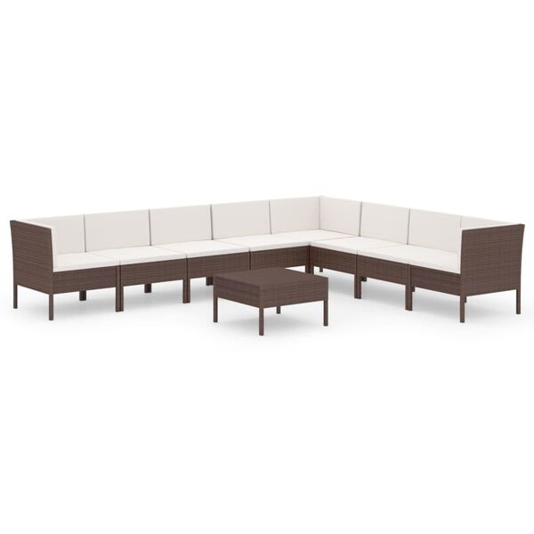 vidaXL 9 pcs conjunto lounge jardim c/ almofadões vime PE castanho