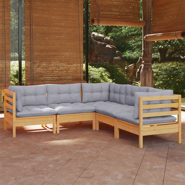 vidaXL 5 pcs conjunto lounge de jardim + almofad&otilde;es cinza pinho maci&ccedil;o