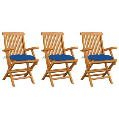 vidaXL Cadeiras de jardim c/ almofadões azuis 3 pcs teca maciça