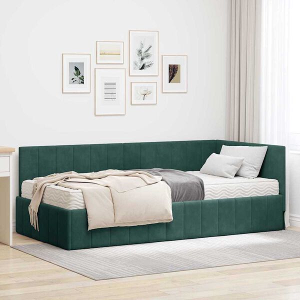 vidaXL Estrutura de Cama de Canto com Colch&atilde;o 2 pcs Verde Veludo