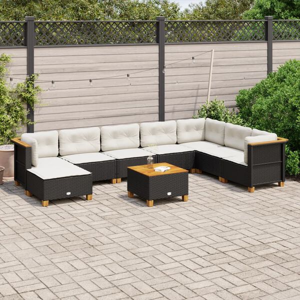vidaXL 9 pcs conjunto de sof&aacute;s p/ jardim c/ almofad&otilde;es vime PE preto