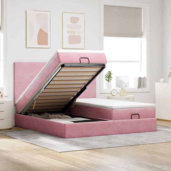vidaXL Estrutura de cama otomana com colch&otilde;es 160x200 cm veludo rosa