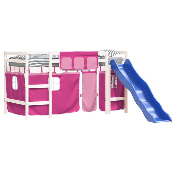 vidaXL Cama alta p/ criança c/ cortinas 90x190 cm pinho maciço rosa