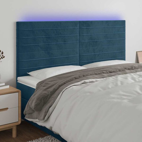 vidaXL Cabeceira cama c/ luzes LED veludo 180x5x118/128cm azul-escuro