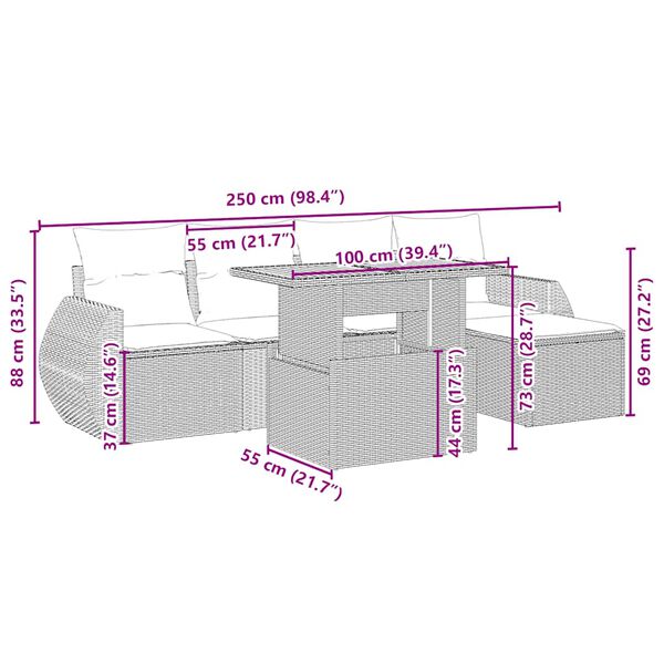 vidaXL 6 pcs conjunto de sofás p/ jardim com almofadões vime PE bege