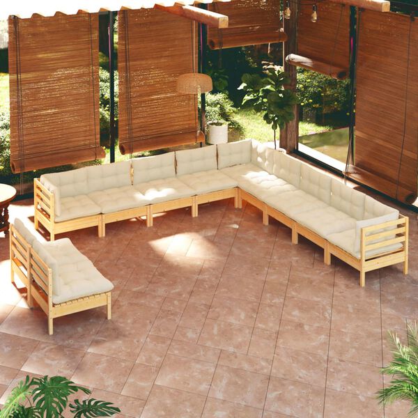 vidaXL 11 pcs conjunto lounge jardim c/ almofad&otilde;es creme pinho maci&ccedil;o