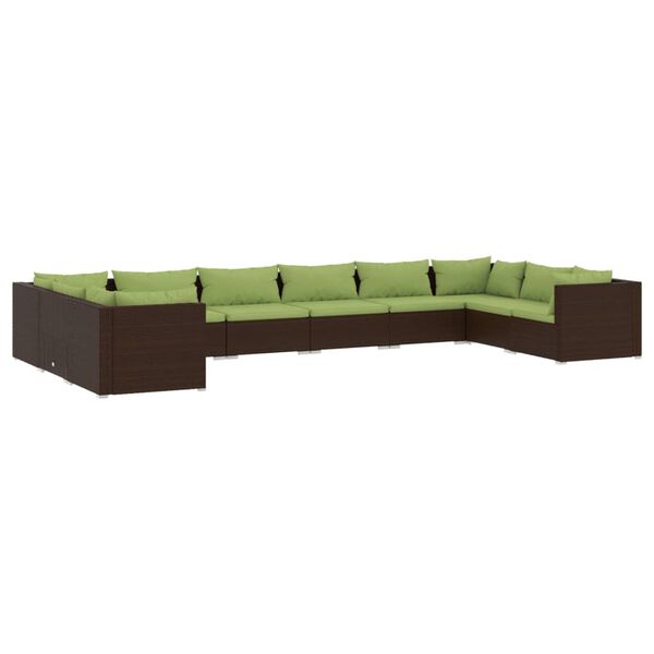 vidaXL 10 pcs conjunto lounge de jardim c/ almofad&otilde;es vime PE castanho