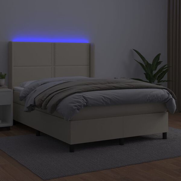 vidaXL Cama box spring c/ colch&atilde;o/LED 140x190cm couro artificial creme