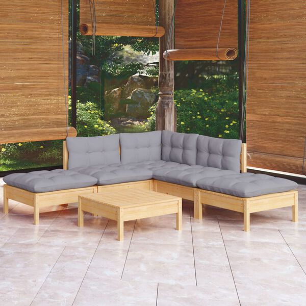 vidaXL 6 pcs conjunto lounge de jardim c/ almofad&otilde;es cinza pinho