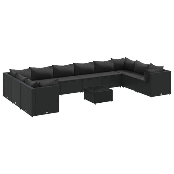 vidaXL 11 pcs conjunto lounge de jardim c/ almofad&otilde;es vime PE preto