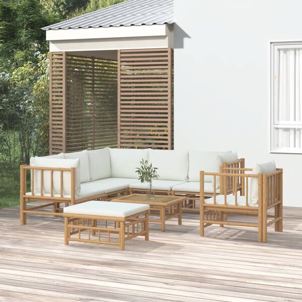 vidaXL 8 pcs conjunto lounge de jardim bambu c/ almofadões branco nata