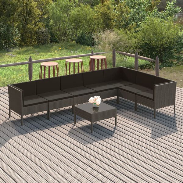 vidaXL 8 pcs conjunto lounge de jardim c/ almofad&otilde;es vime PE cinzento