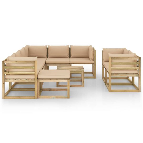 vidaXL Conj. lounge de jardim 10 pcs com almofad&otilde;es pinho impregnado