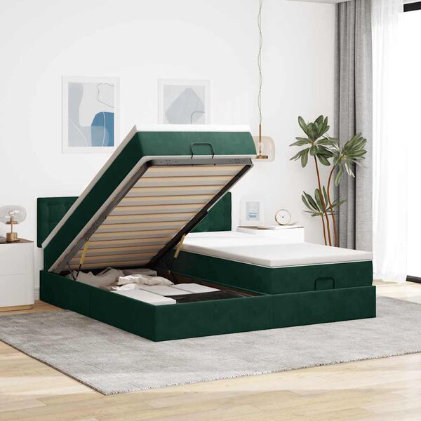 vidaXL Estrutura de cama otomana com colchão verde escuro veludo