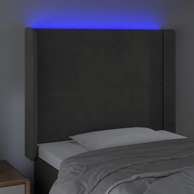 vidaXL Cabeceira cama c/ luzes LED veludo 83x16x118/128cm cinza-escuro