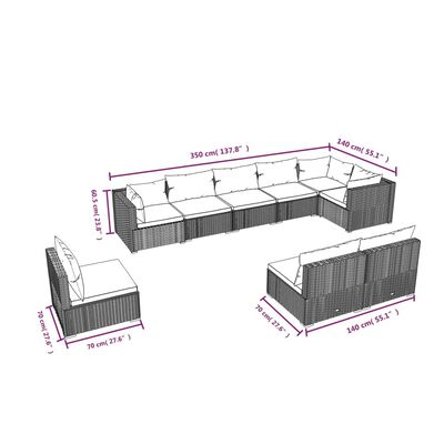 vidaXL 9 pcs conjunto lounge de jardim c/ almofadões vime PE cinza
