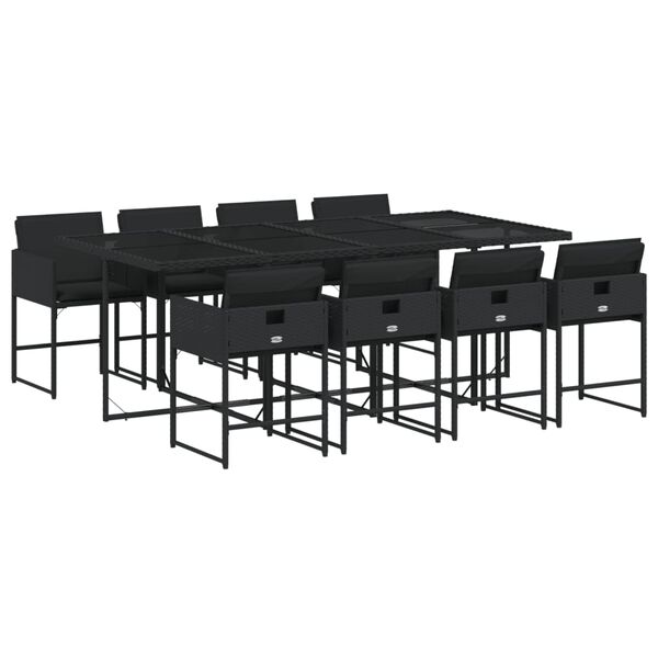 vidaXL 9 pcs conjunto de jantar p/ jardim c/ almofad&otilde;es vime PE preto