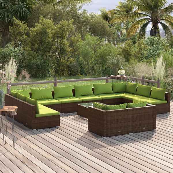 vidaXL 13 pcs conjunto lounge de jardim c/ almofad&otilde;es vime PE castanho