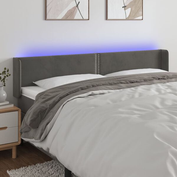 vidaXL Cabeceira cama c/ luzes LED veludo 203x16x78/88cm cinza-escuro