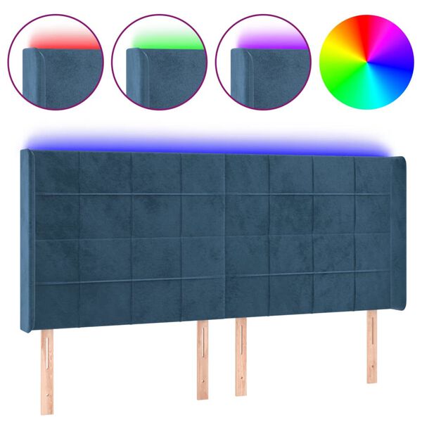vidaXL Cabeceira cama c/ luzes LED veludo 163x16x118/128cm azul-escuro