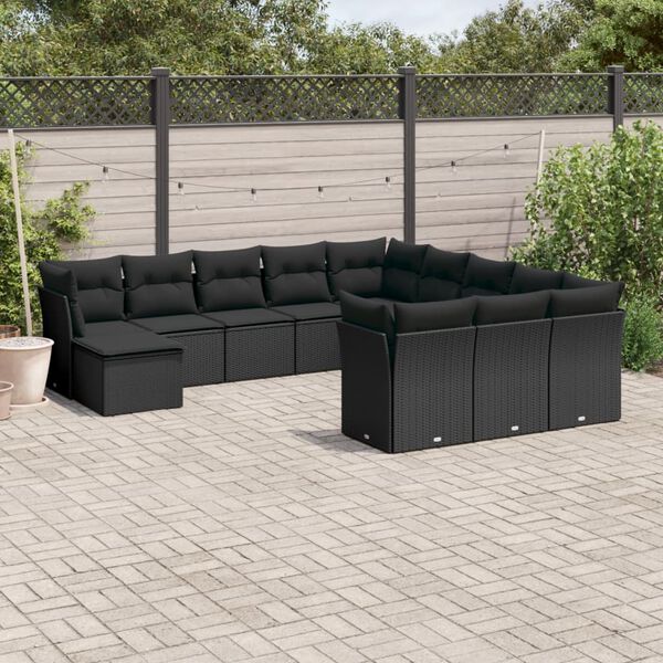vidaXL 12 pcs conjunto de sof&aacute;s de jardim c/ almofad&otilde;es vime PE preto