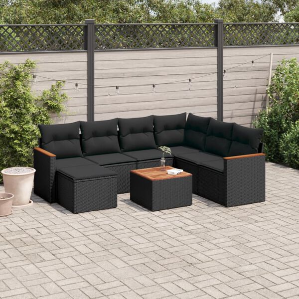 vidaXL 8 pcs conjunto sofás de jardim com almofadões vime PE preto